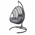 Sedia Sospesa in Rattan con Struttura in Acciaio e Cuscini Grigi