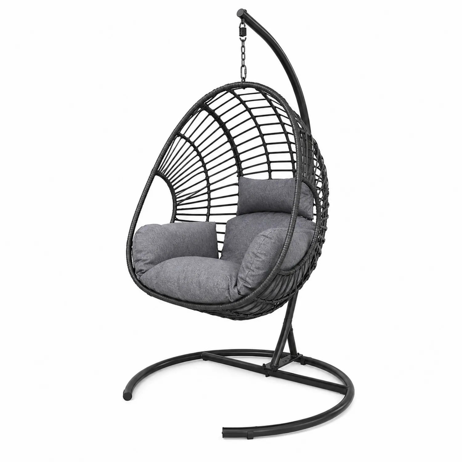 Sedia Sospesa in Rattan con Struttura in Acciaio e Cuscini Grigi