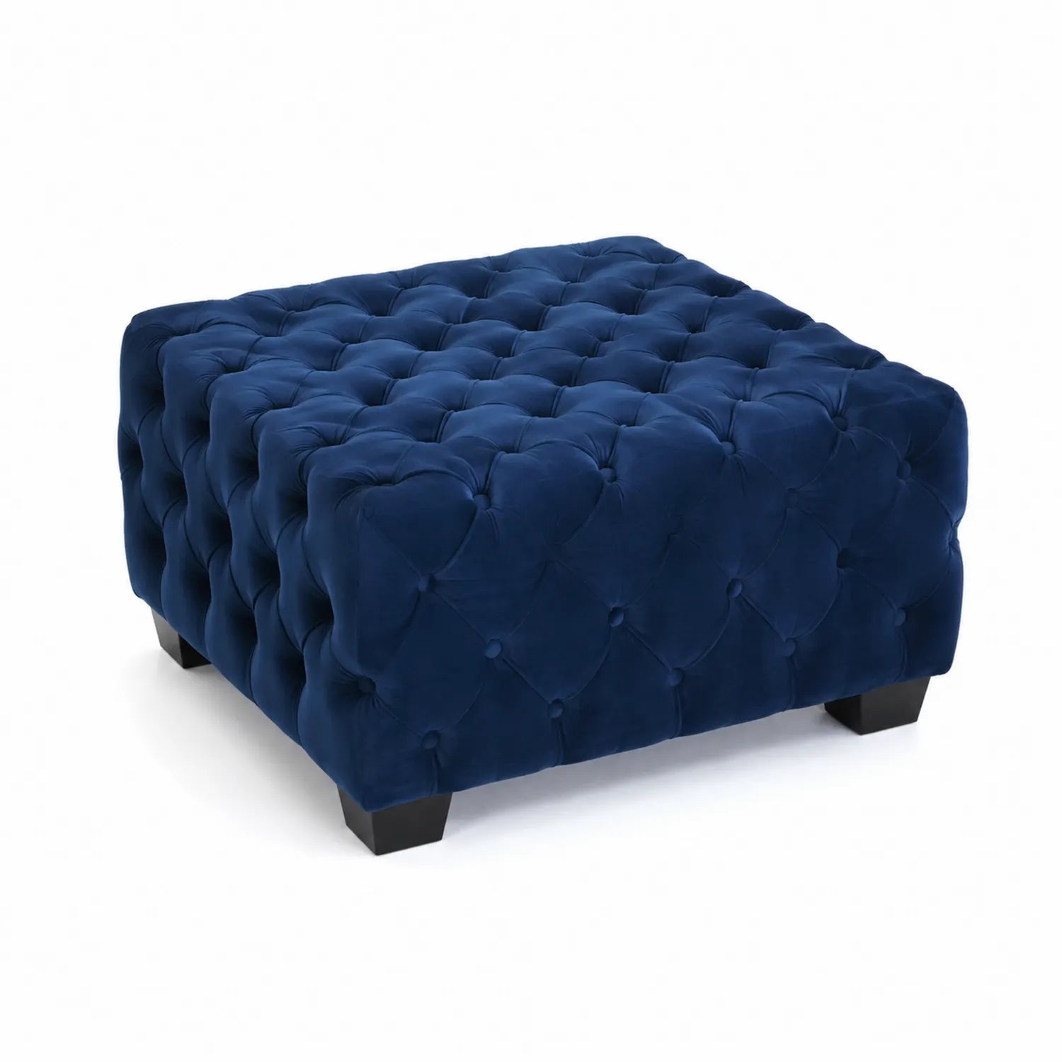 Pouf in velluto blu con gambe in legno