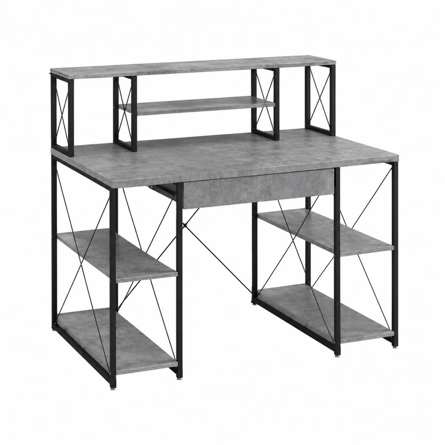 Scrivania Rettangolare in MDF e Metallo con Scaffali Grigio
