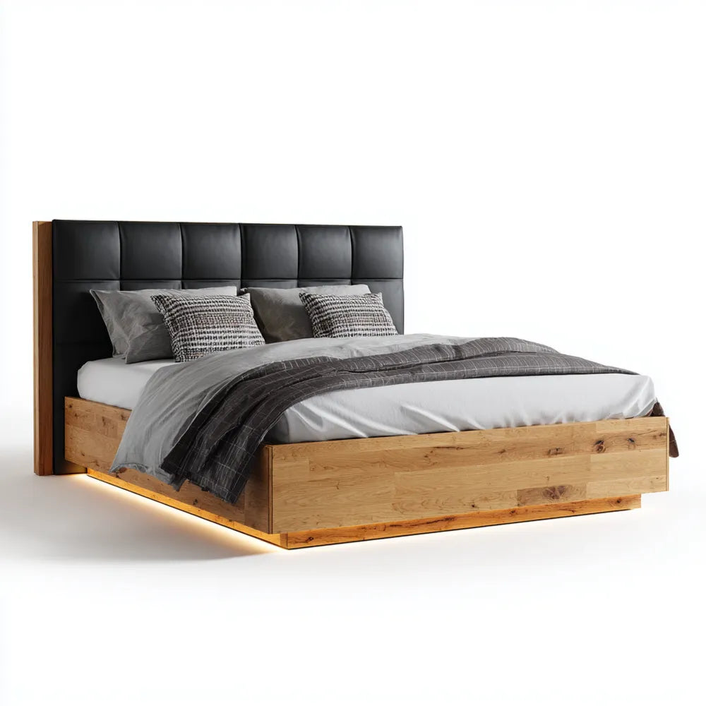 Double Bed 210x160x95 cm Oak Frame with Upholstered Headboard - Black/Light Wood - Modern Style