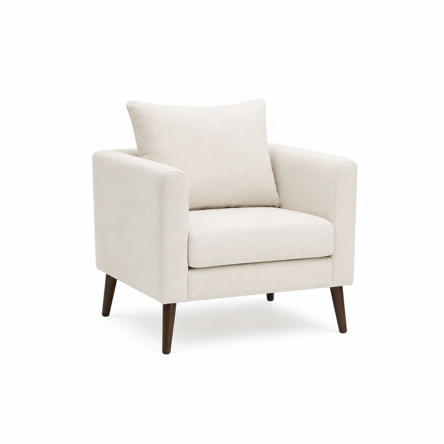 Poltrona in tessuto beige con gambe in legno