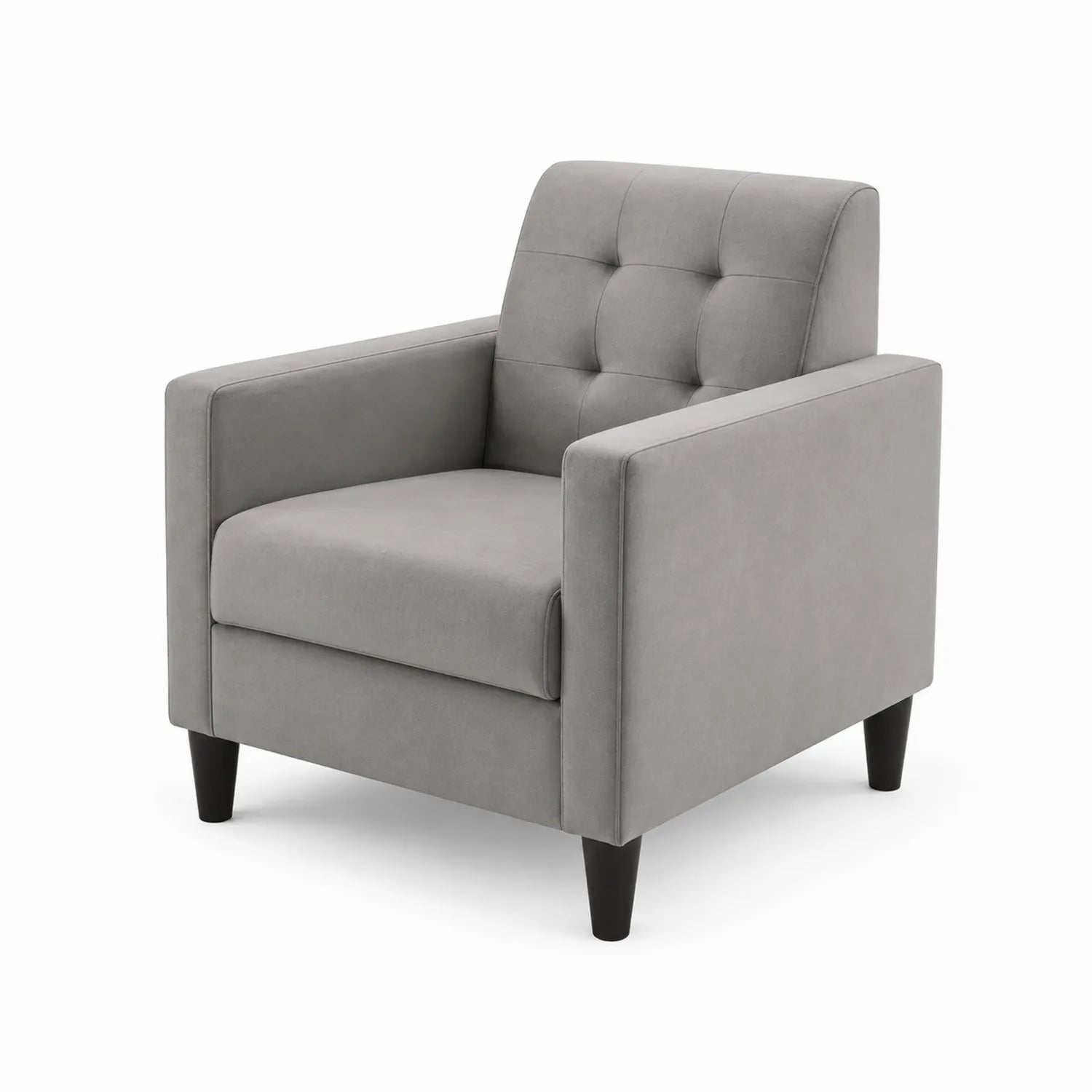 Poltrona in tessuto grigio con struttura in legno