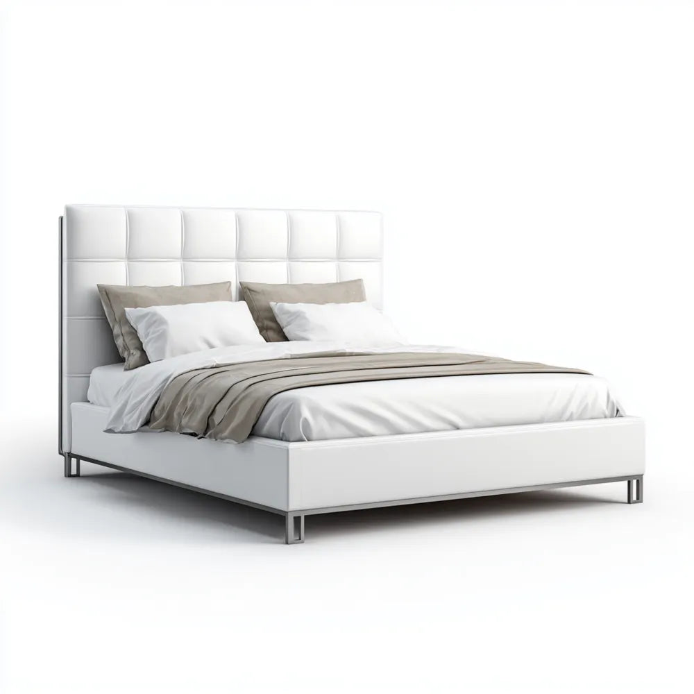 Double Bed Upholstered Faux Leather 200x150x100 cm - White - Modern Minimalist Design