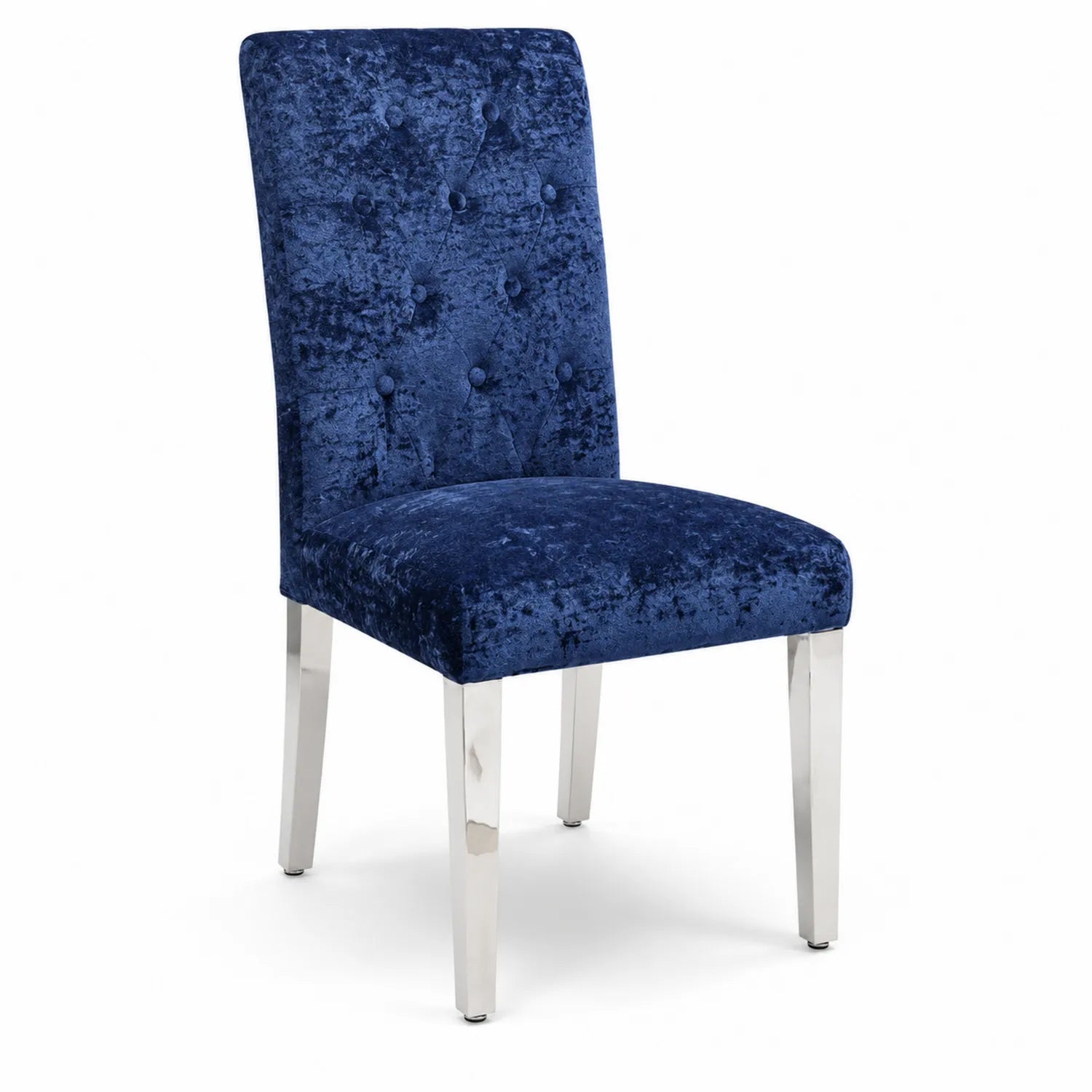 Sedia in velluto blu con gambe in acciaio inox
