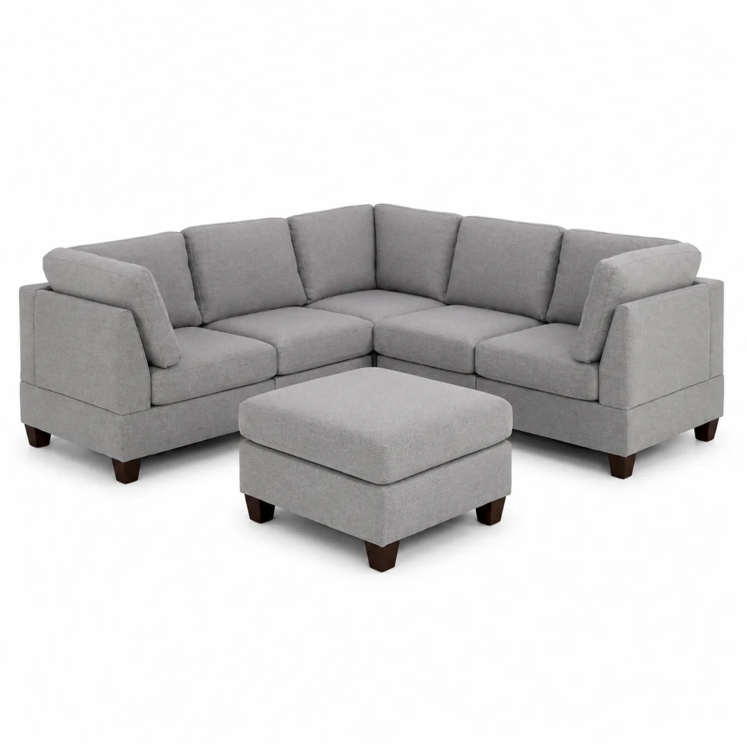 Divano angolare in tessuto grigio con pouf
