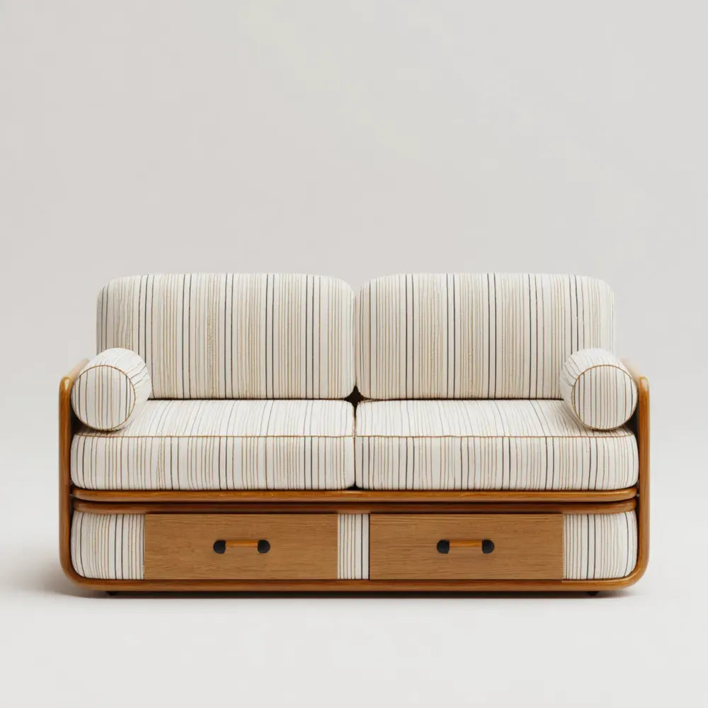 Modern Sofa Set with Cushions Stripe Fabric 160x85x75 cm - Beige