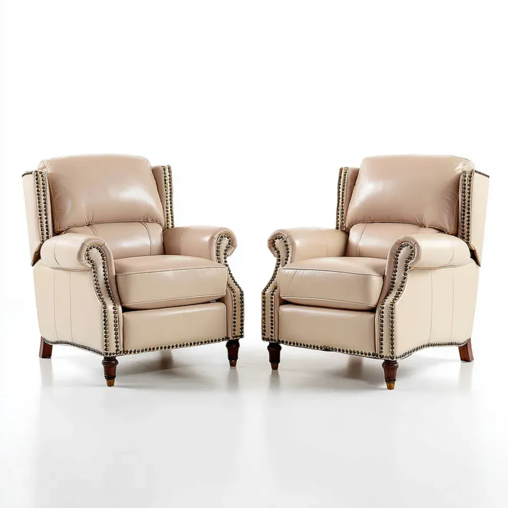 Leather Armchair Set with Nailhead Trim - Beige - Classic Design 85x90x100 cm