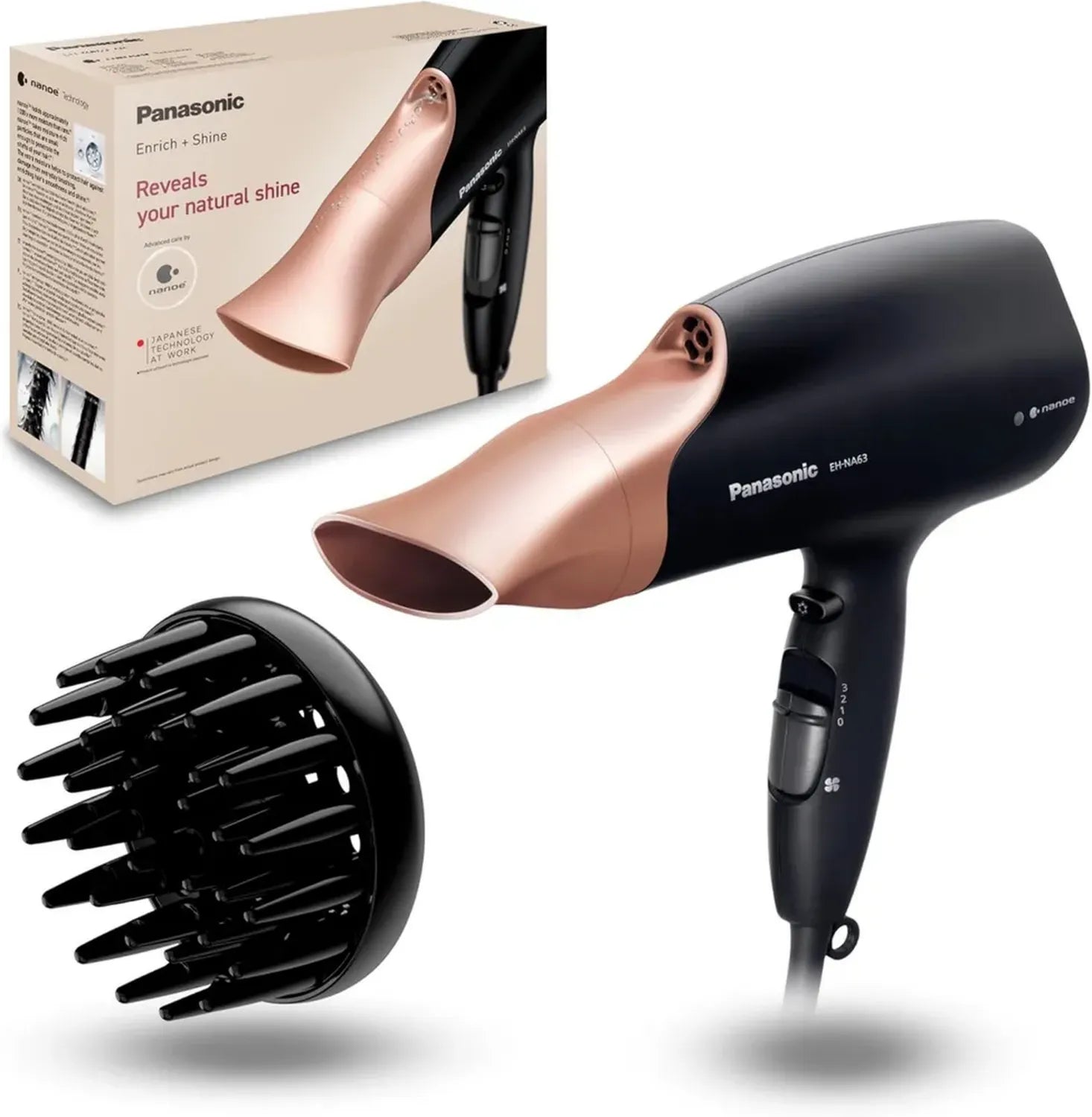 Panasonic EH-NA63 Asciugacapelli 2000W, Nanoe Idratante, Anti-Crespo e Doppie Punte, Delicato, Nero/Rosa Oro