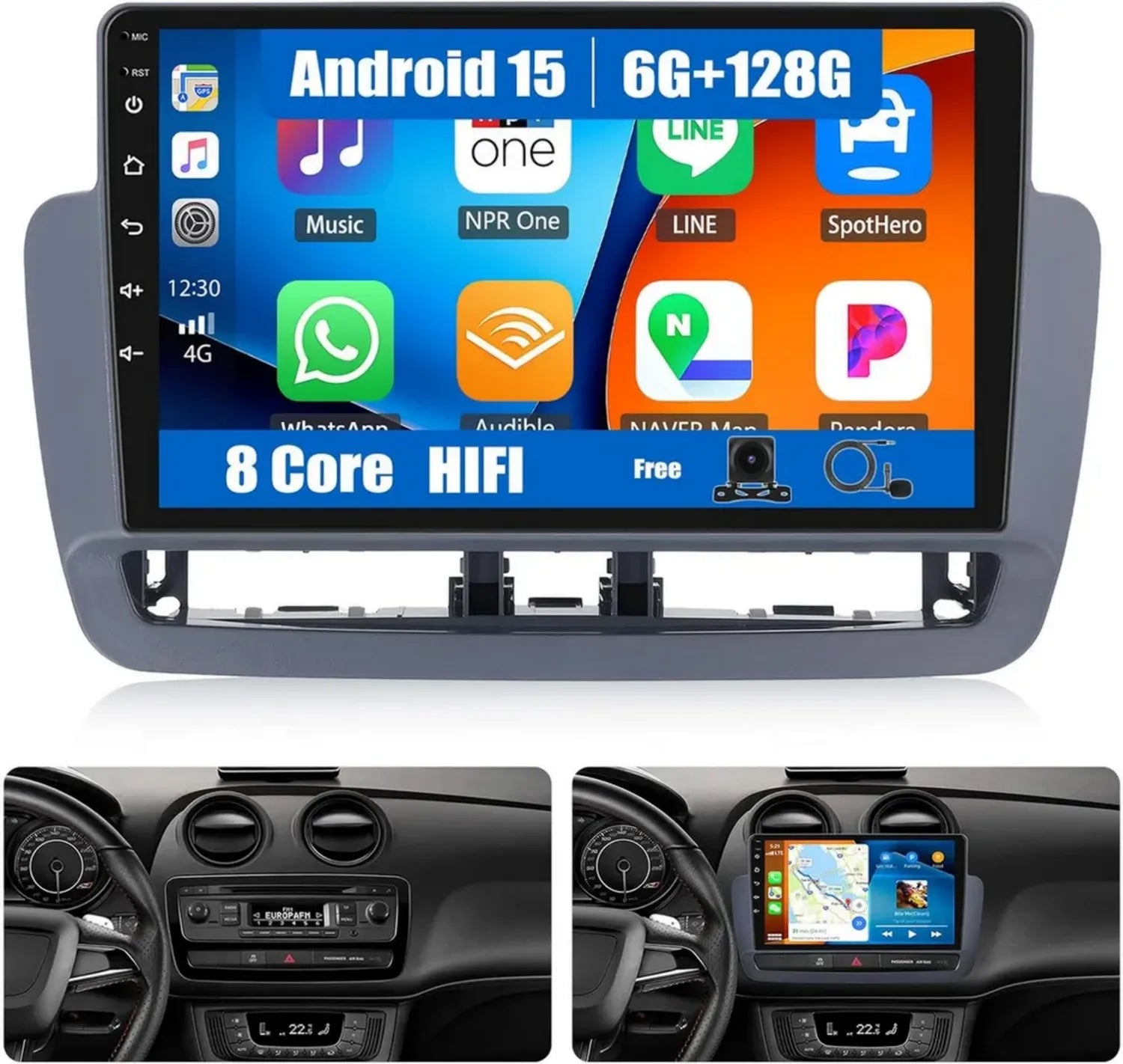 Autoradio Android 15 con Schermo 9 Pollici per Seat Ibiza 2012-2015, 6G+128G, 8 Core, Carplay, Android Auto, Bluetooth, GPS, WiFi, DSP, Telecamera, CANBUS e Microfono
