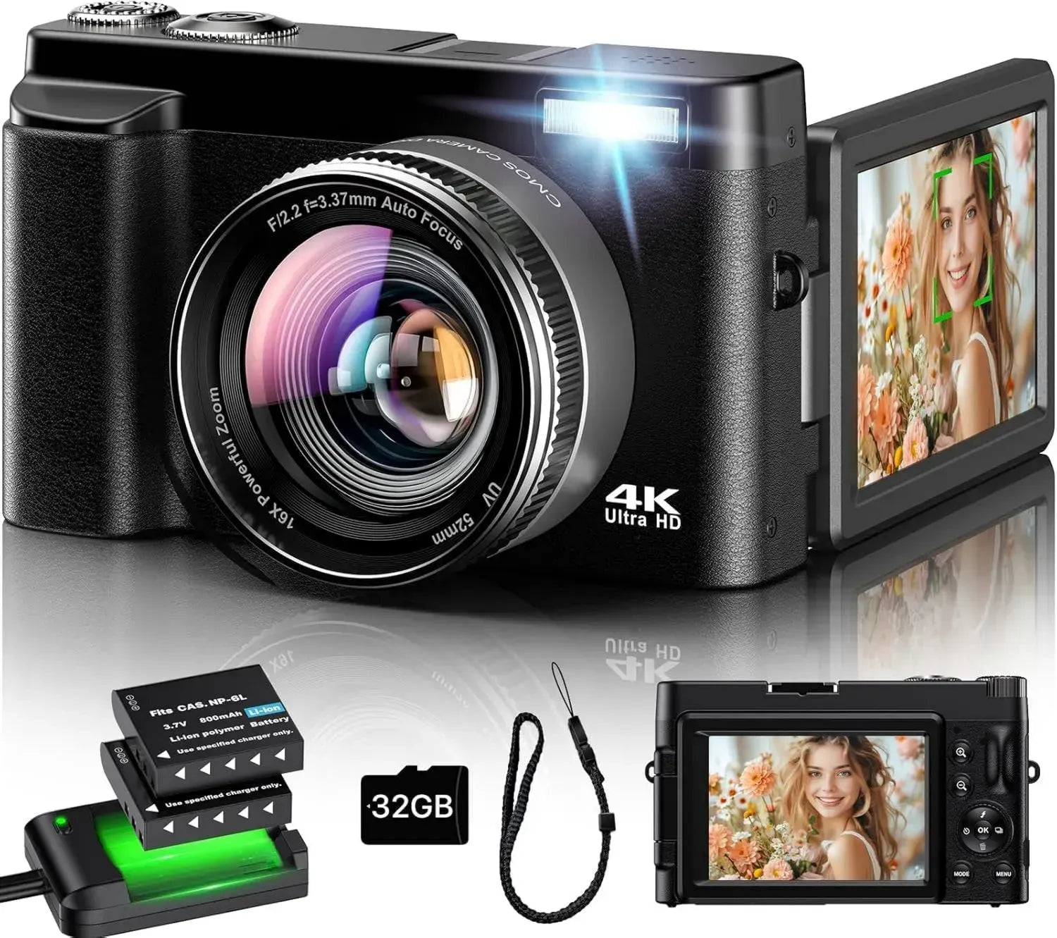 Macchina Fotografica 4K 48MP con Autofocus e Zoom 16X, Fotocamera Vlog Compatta con Doppia Batteria e Scheda 32GB