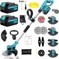 Rasaerba multifunzione a batteria 21V con accessori Makita, 2 batterie incluse, 4 lame intercambiabili e ruote laterali per taglio bordi