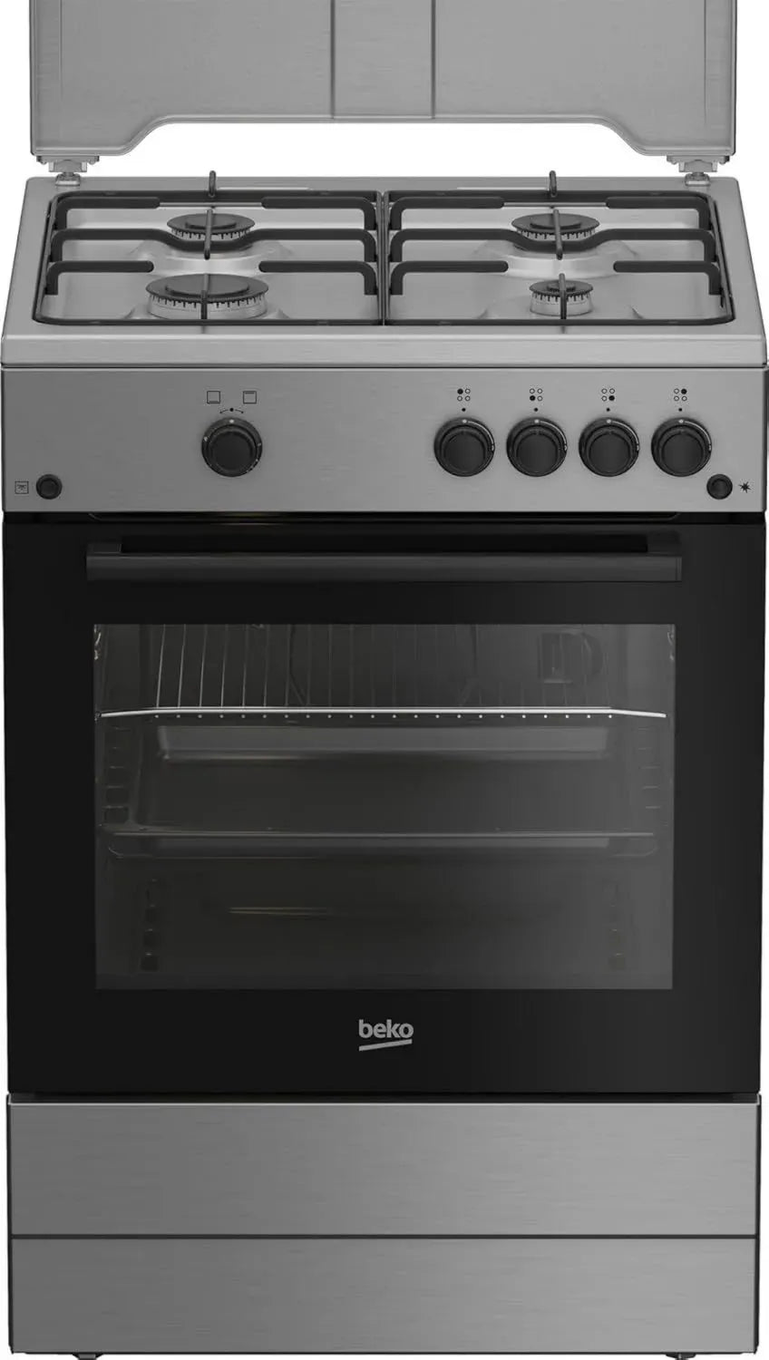 Cucina a Gas 60x60 cm con 4 Fuochi e Forno Integrato, Inox/Nero