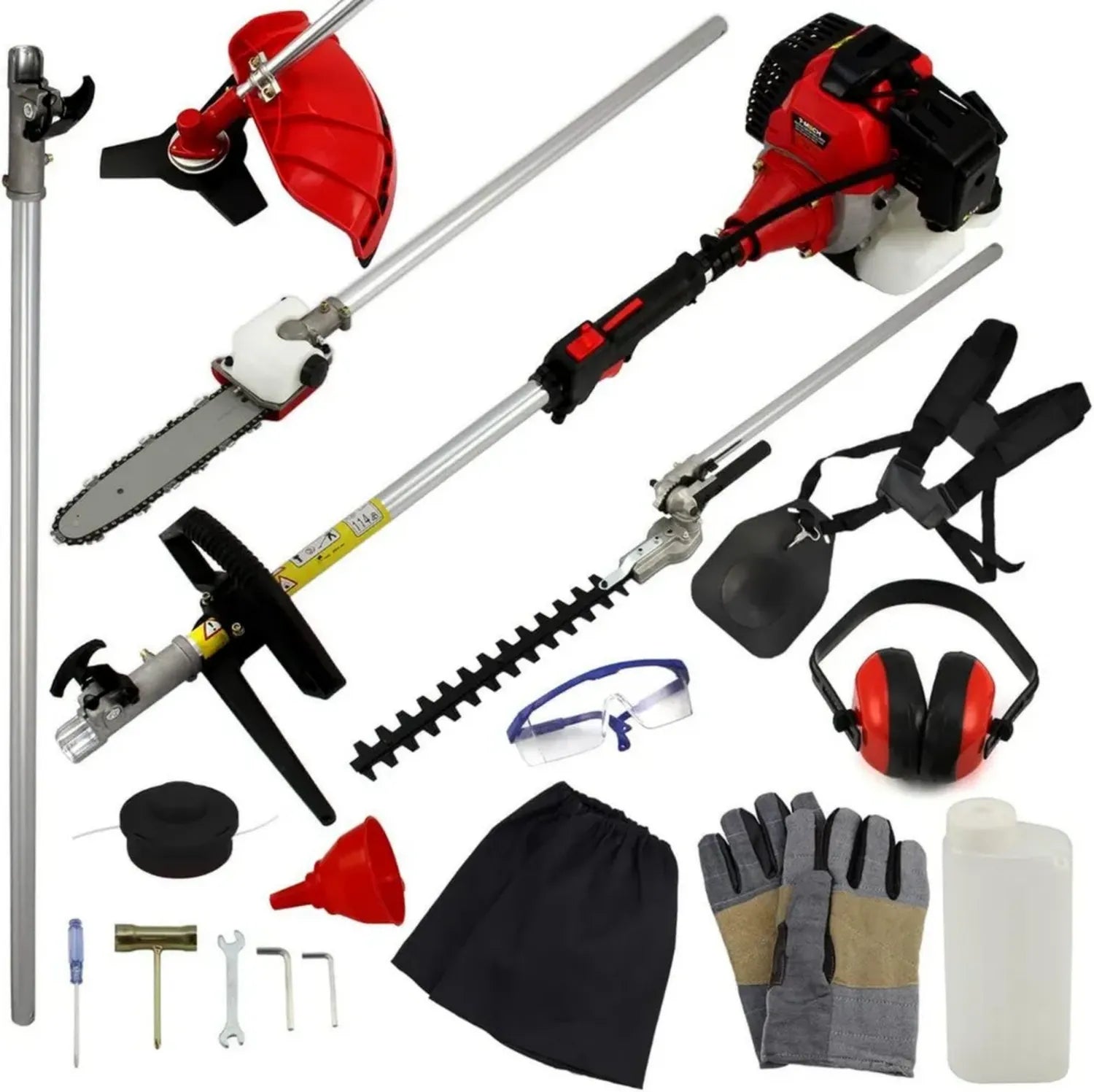 Set Giardinaggio 5 in 1: Tagliasiepi, Motosega, Tagliaerba, Decespugliatore e Prolunga da 100 cm con Motore a Benzina 52 cc