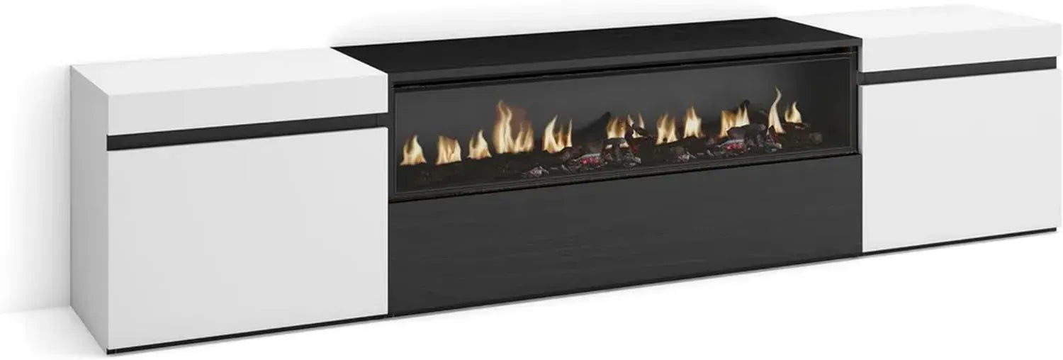 Mobile TV Moderno con Camino Elettrico, 200x45x35cm, Bianco e Nero, Adatto per TV fino a 80 Pollici