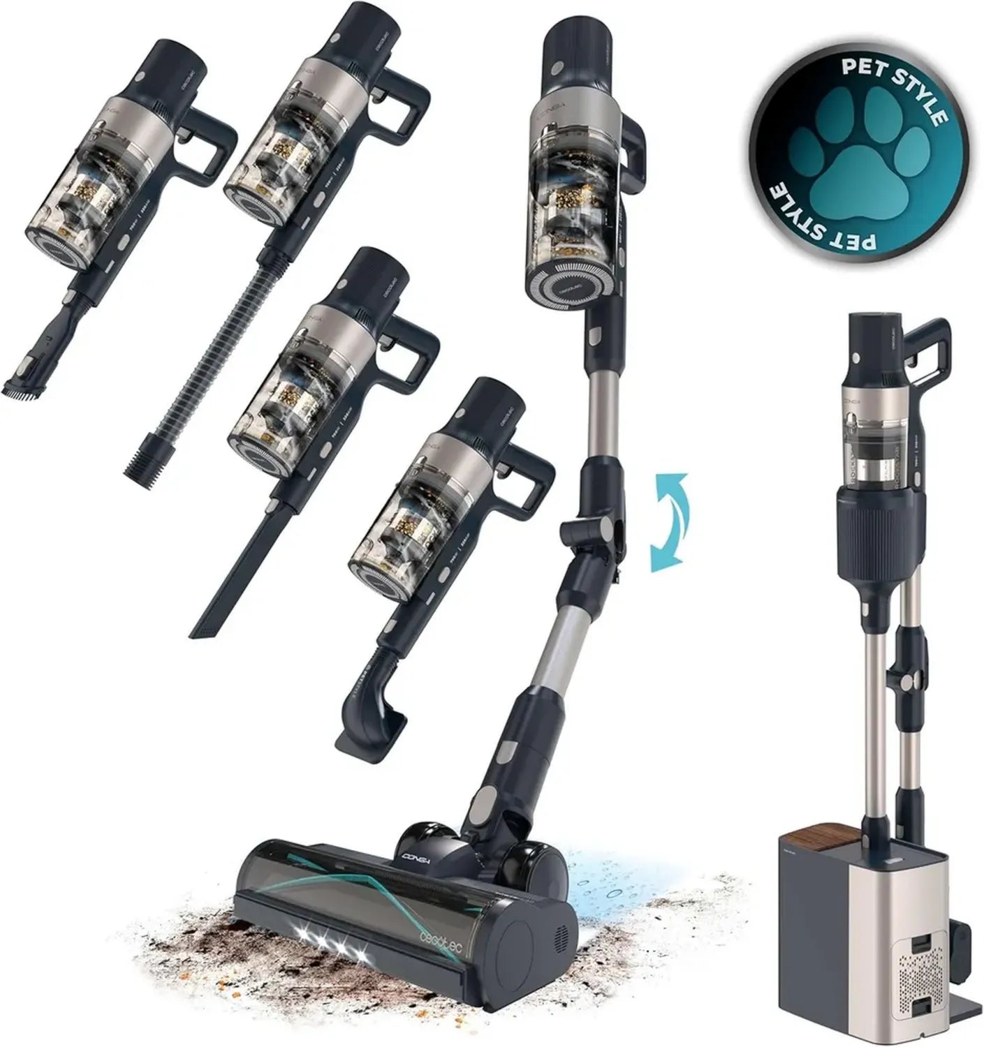 Aspirapolvere Cordless Conga Rockstar 5500 per Animali, 220AW, 700W, Base Autosvuotante, 90min Autonomia, Anti-groviglio, Tubo Flessibile, Tecnologia Ciclonica