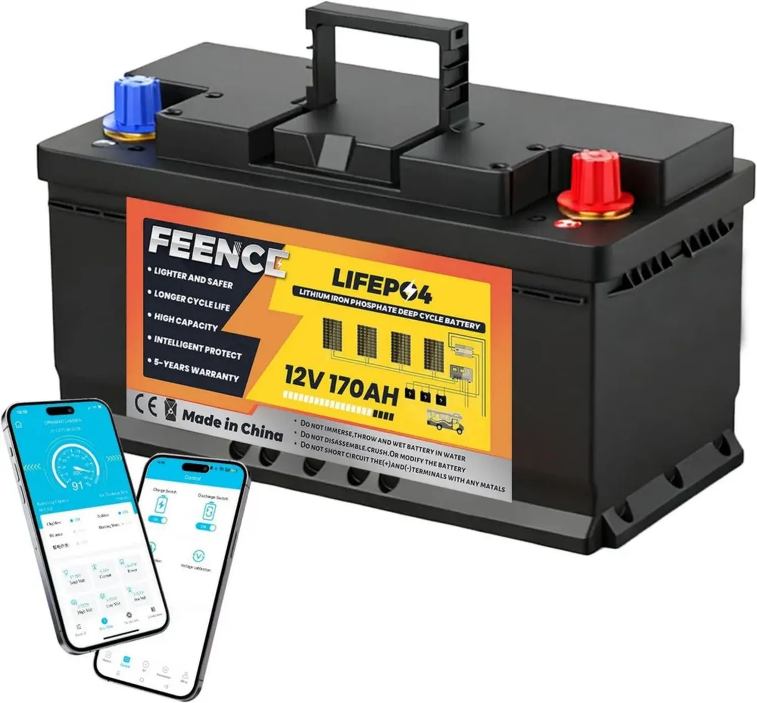 Batteria LiFePO4 12V 170Ah Bluetooth con Protezione BMS, Fino a 15000 Cicli, Ideale per Camper e Impianti Solari