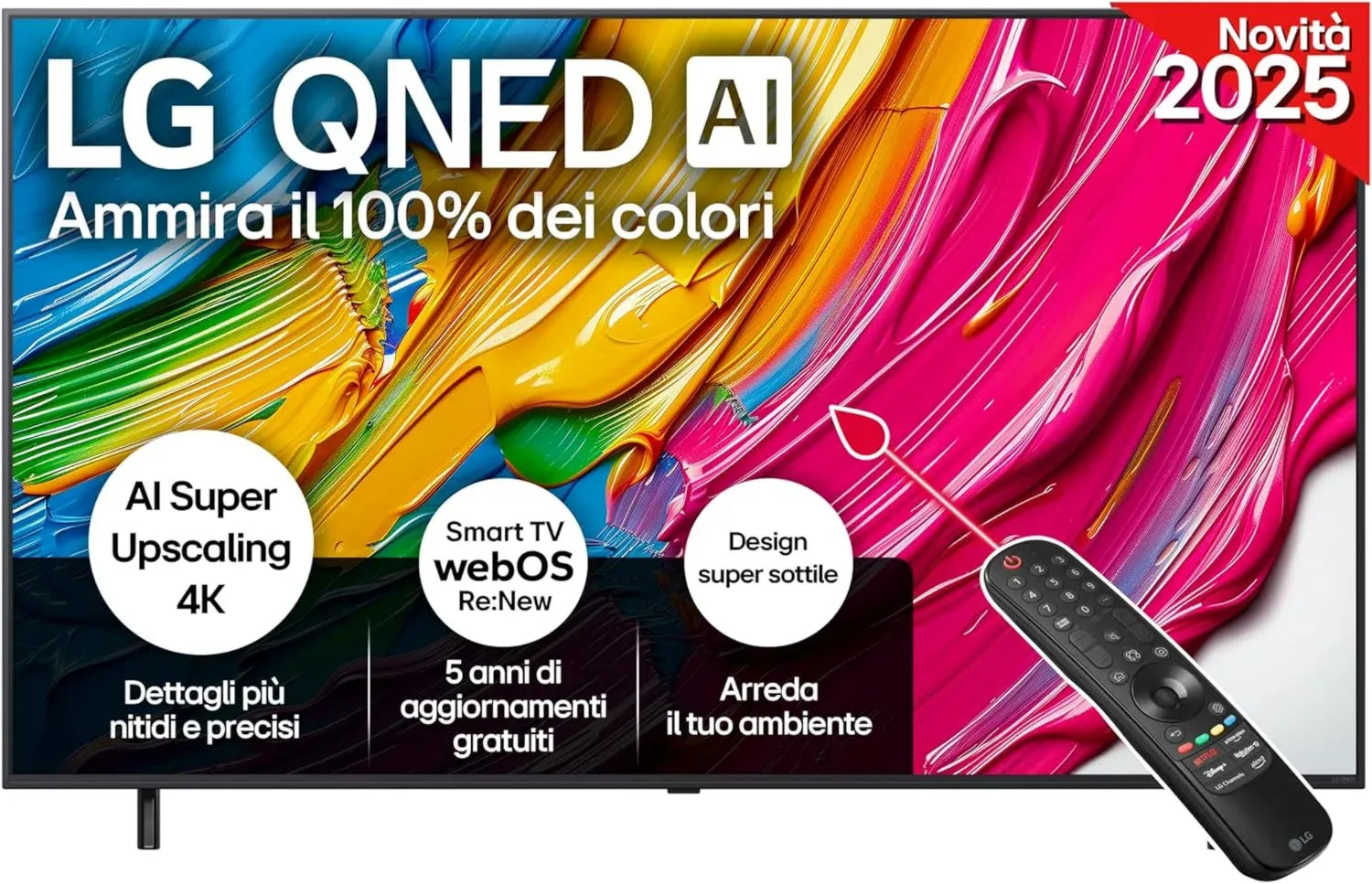 Televisore LG QNED80 65" 4K Smart, Processore a7 Gen8, Dynamic Color, Design Slim, webOS AI, Telecomando Intelligente, Gaming VRR 4K@60Hz