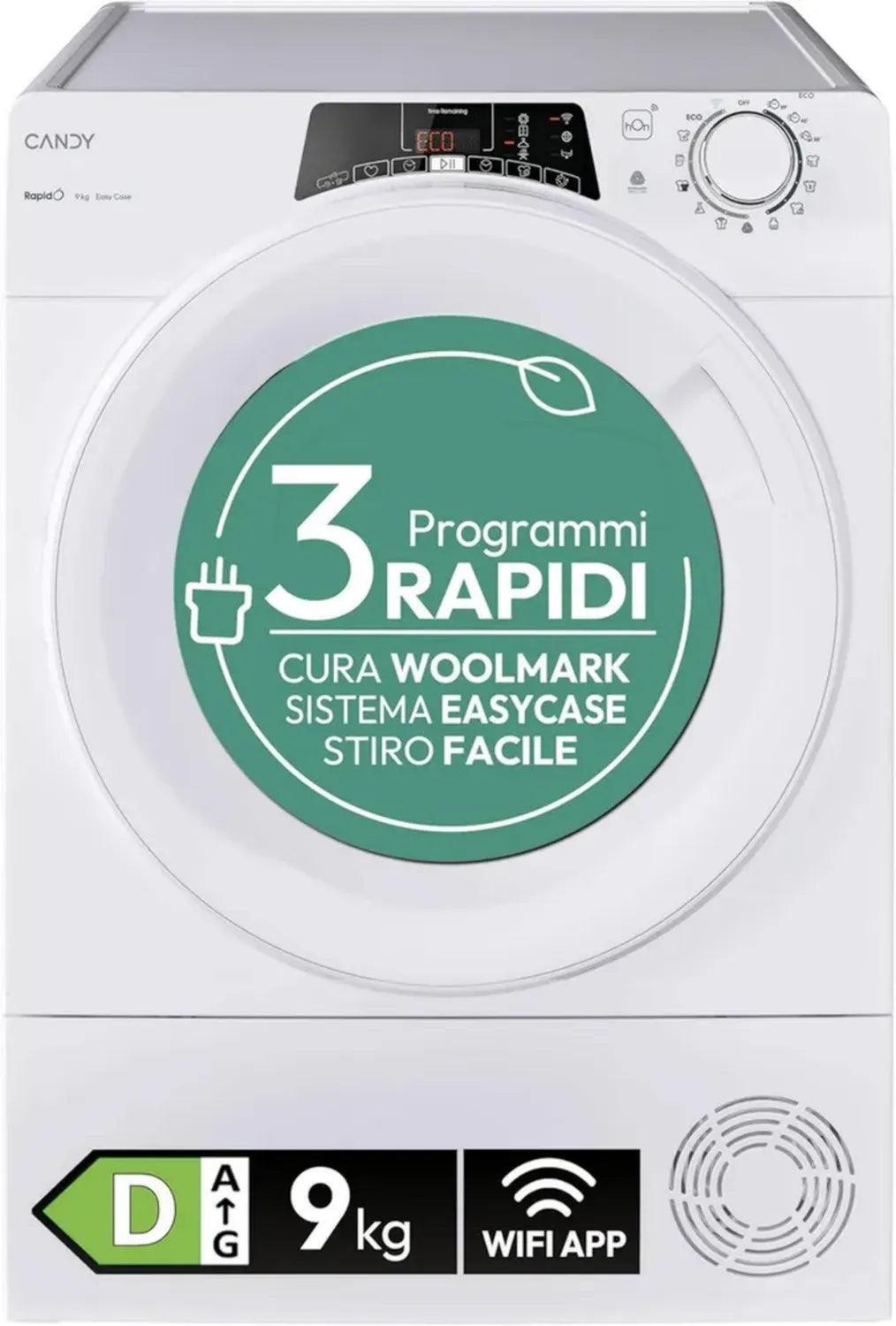 Asciugatrice Candy Rapidò 9kg con Pompa di Calore, Classe D, Controllo App hOn, Installazione Libera