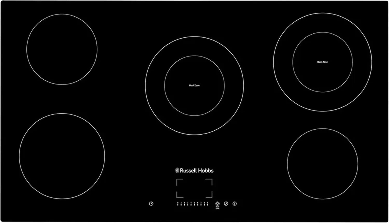 Piano cottura elettrico Russell Hobbs 90cm, 5 zone, doppia cottura, timer 99 min, 9 livelli potenza, indicatore calore