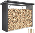 Outsunny Ripostiglio per Legna in Acciaio Galvanizzato con Tetto Inclinato e Base Rialzata, 213x66,5x150 cm, Grigio Scuro