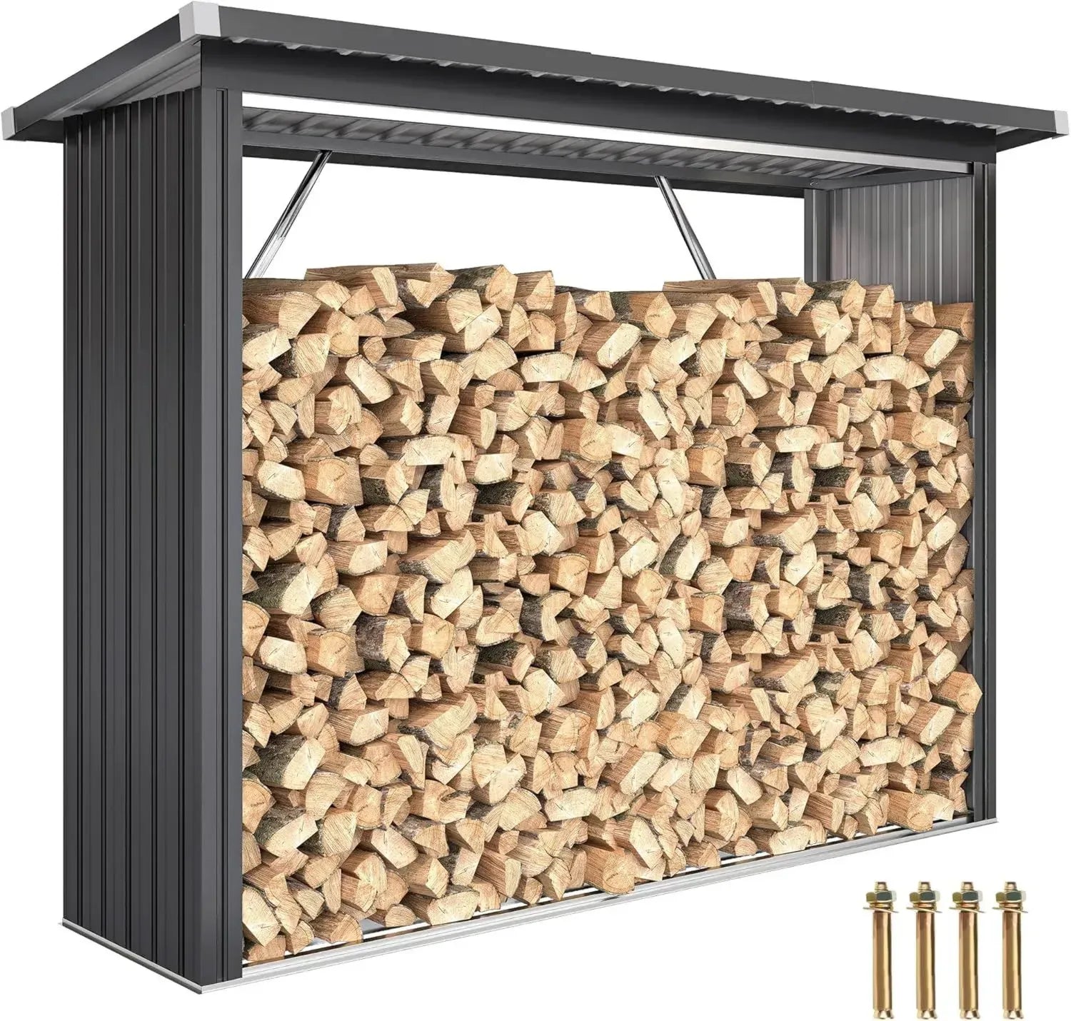 Outsunny Ripostiglio per Legna in Acciaio Galvanizzato con Tetto Inclinato e Base Rialzata, 213x66,5x150 cm, Grigio Scuro