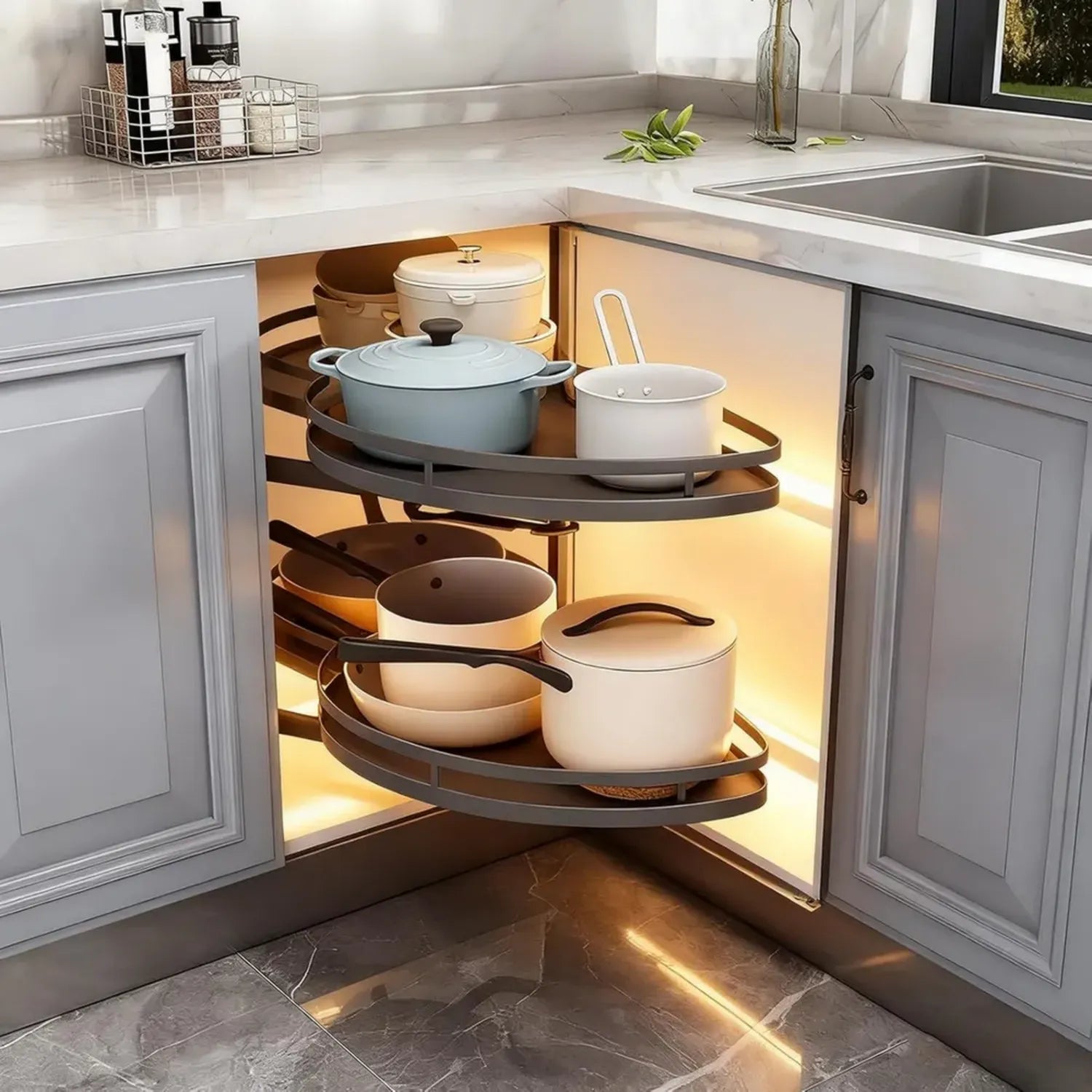 Carrello Girevole ad Angolo con Doppia Mensola per Cucina