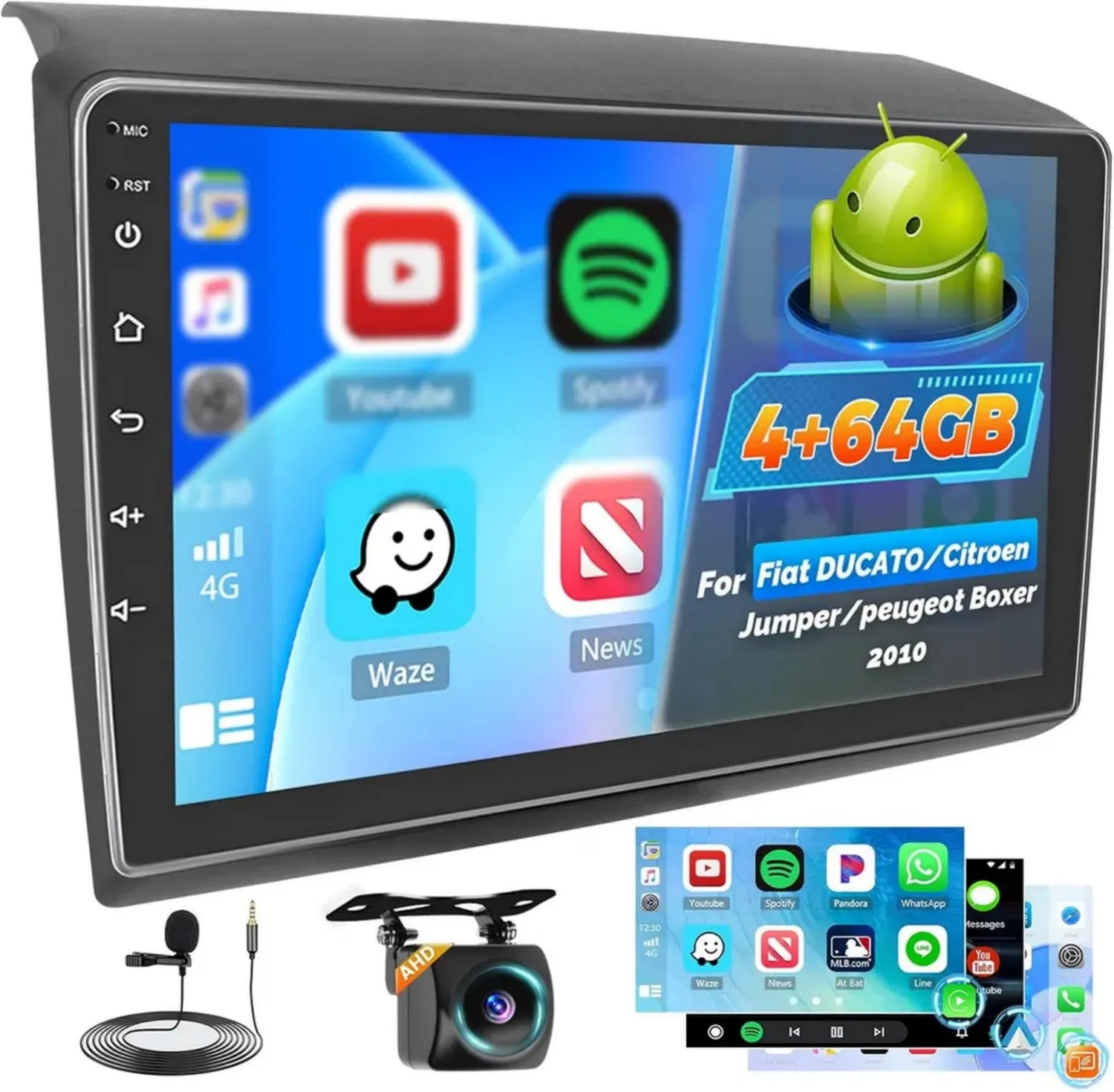 Autoradio Android 9'' per Fiat Ducato/Citroen/Peugeot 2011-2022, CarPlay, Wi-Fi, GPS, Bluetooth